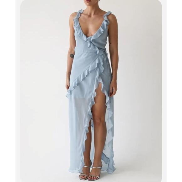 NEW Rumored Ruffle Wrap Maxi Dress Blue Angel Falls S - Picture 2 of 13